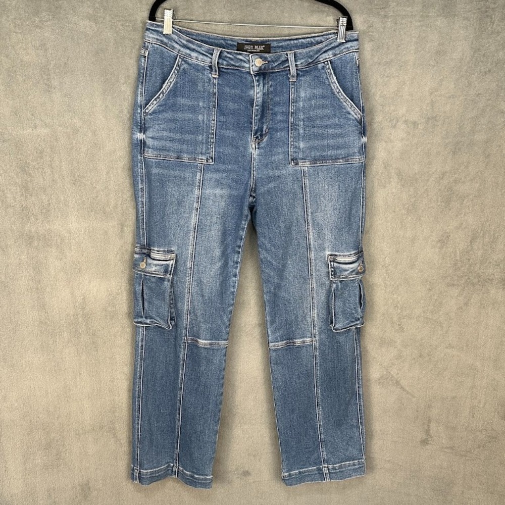 Judy Blue Jeans Womens 15/32 Blue High Rise Wide Leg Cargo Pockets Stretch